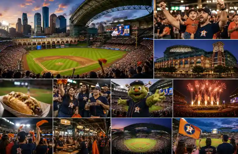 Houston Astros fans celebrating inside Daikin Park during a nighttime baseball game with packed stadium seating, illuminated field lights, team colors throughout the crowd, concession areas, and downtown Houston skyline views creating an energetic game-day atmosphere.